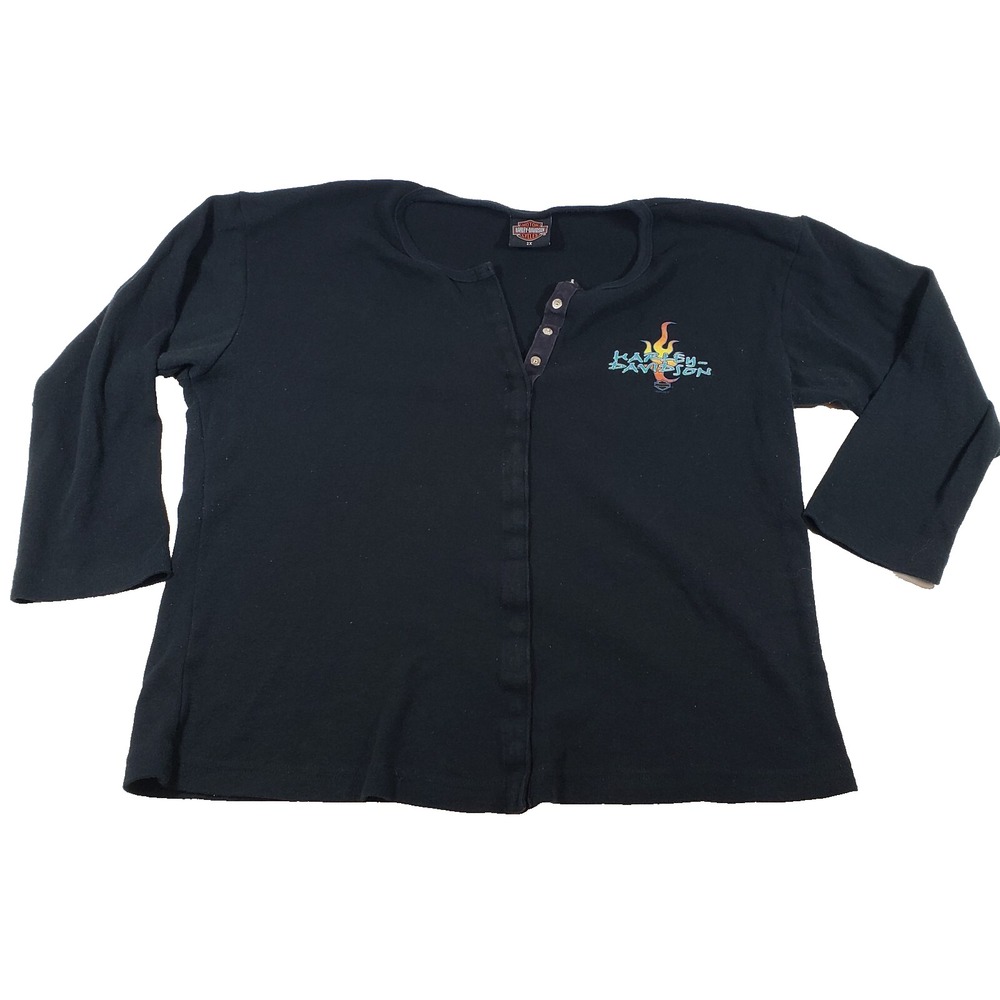 Harley Davidson Womens 2X Black Henley Shirt Daytona Beach FL Long Sleeve USA